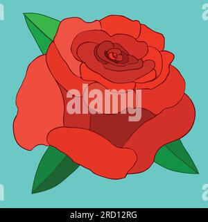 Eine Vektordarstellung einer großen roten Rose. Die Rose ist eine gefüllte Linienzeichnung und es sind einige grüne Blätter sichtbar. Der Hintergrund ist hellblau. Stock Vektor