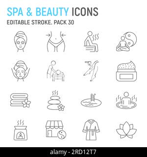 WELLNESS- und Schönheitsbehandlungen Symbolset, Gesundheitssammlung, Schönheitsbehandlungen Vektorgrafiken, Logo Illustrationen, Entspannungsbehandlungen Vektorsymbole, Spa-Schilder, Piktogramme Stock Vektor