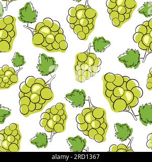 Grüne Trauben, nahtloses Muster. Handgezeichnete Trauben, isoliert auf weißem Hintergrund. Vektordarstellung im Strichgrafiestil. Stock Vektor