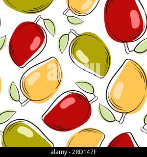 Mangofrucht-Strichgrafiken mit Vektorhintergrund und nahtlosem Muster. Vektormuster für Textil, Druck, Stoff, Tapete, Hintergrund. Stock Vektor