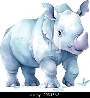 Rhinoceros Aquarell auf weißem Hintergrund. Isolierte Grafikvorlage. Stock Vektor