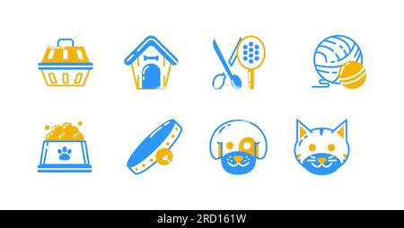 Niedliches Vektorsymbol für Tierhandlung. Hunde, Katzen, Käfige, Häuser, Futter, Kragen, Bälle und Pflegewerkzeuge. Geeignet für Websites und Muster Stock Vektor