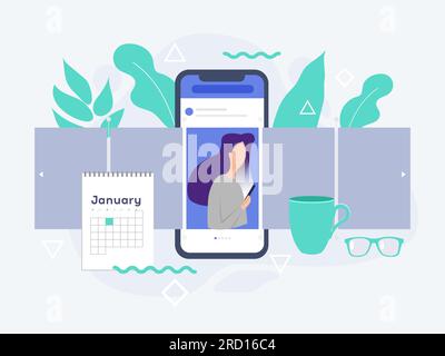 Design-Konzept für soziale Medien. Smartphone mit Schnittstelle Karussell-Post in sozialen Netzwerken. Karussellpfahl an der Seite des Telefons. Geschichte aus sozialen Medien. Stock Vektor