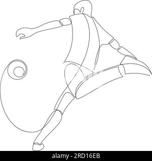 Ein junger Fußballspieler, der den Ball tritt, zieht eine Linie. Das Konzept eines Fußballspiels wird durch eine einzelne Linie gezeichnet. Sportliches minimalistisches Design Vektor-Illustr Stock Vektor