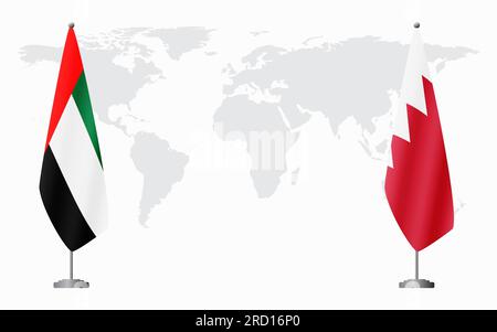 Flaggen der Vereinigten Arabischen Emirate und Bahrains für offizielles Treffen vor dem Hintergrund der Weltkarte. Stock Vektor