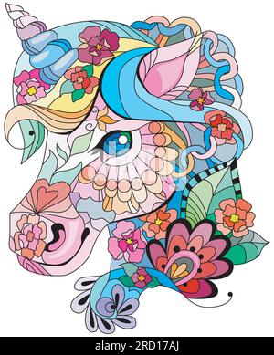 Kopf Einhorn zentangle Stil. Kann für den Druck auf T-Shirts, Tapeten oder Postern verwendet werden. Stock Vektor