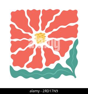Moderne, gewellte Vektorwand, Druck, Karte, Stempel mit roten, gewellten Blumen, Blätter. Biologisches Doodle Groovy abstrakte Blume. Stock Vektor