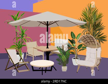 Gemütliche Terrasse mit Gartenmöbeln und Topfpflanzen. Stock Vektor