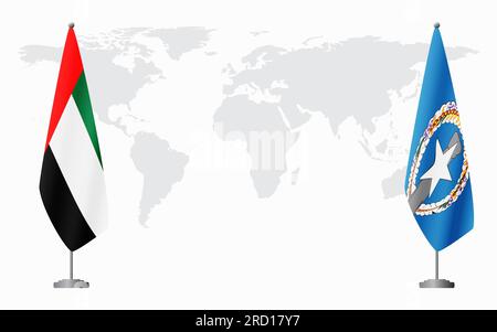 Flaggen der Vereinigten Arabischen Emirate und der Nördlichen Marianen für ein offizielles Treffen vor dem Hintergrund der Weltkarte. Stock Vektor