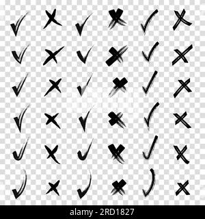 Von Hand gezogene Kritzelspuren und Kreuze Set-Kollektion. Kritzeleien, Zeichenstifte. Handgezeichnete Häkchen und kleine Kreuze. Ja und nein Tr Stock Vektor