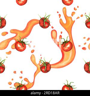 Wasserfarbenes, nahtloses Muster mit handgezogenen Kirschtomaten und Aquarellspritzern und saftigen Tropfen, rotes Gemüse isoliert auf weißem Hintergrund Stockfoto