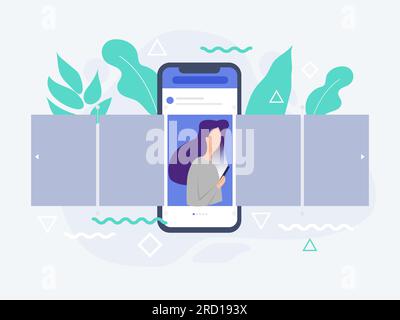 Design-Konzept für soziale Medien. Smartphone mit Schnittstelle Karussell-Post in sozialen Netzwerken. Stock Vektor