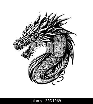 Japanischer Drachen Schwarz-Weiß-Zeichnungsvektor. Stock Vektor