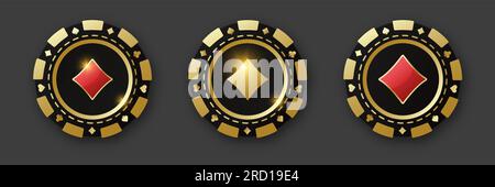 Diamanten-Anzug-Chips. Gold und Rot und Poker-Chips. Spielmarken mit Anzügen für Poker, Casino und Roulette. Vektordarstellung. Für das Spiel Stock Vektor