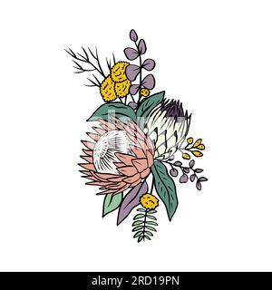 Farbenfrohe tropische protea-Blumen und Blattstrauß Stock Vektor