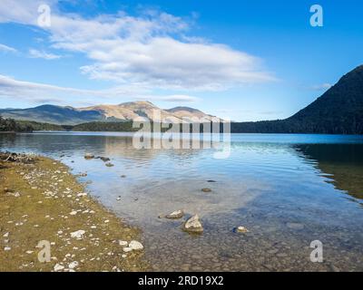 Der sehr abgelegene und isolierte South Mavora Lake, umgeben von üppigen, dichten einheimischen Wäldern im ländlichen Südland Neuseelands Stockfoto