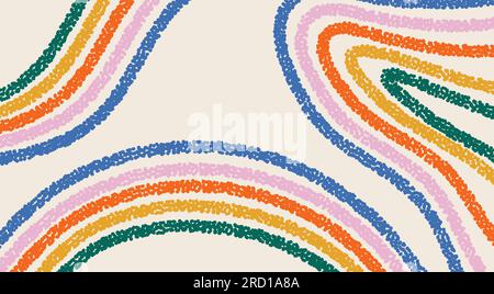 Abstrakter handgezeichneter Hintergrund mit regenbogenfarbenen Streifen und Kopierbereich in der Mitte. Trendiger Hintergrund mit kindischer Farbe und farbenfroher Kreide Stock Vektor