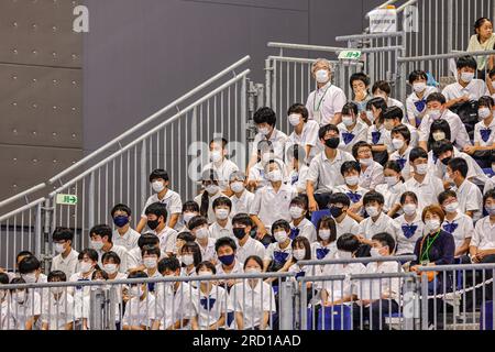 Fukuoka, Japan. 18. Juli 2023. FUKUOKA, JAPAN - 18. JULI: Fans während der Wasserweltmeisterschaft 2023 Frauen-Wasserpolo-Spiel zwischen Spanien und Israel am 18. Juli 2023 in Fukuoka, Japan (Foto: Albert Ten Hove/Orange Pictures) Guthaben: Orange Pics BV/Alamy Live News Stockfoto