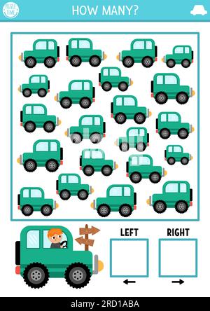 Ein Transportrologie-Spiel mit rechts- und linksseitigem Konzept für Kinder. Ich beobachte die Suche, zähle die Aktivitäten mit dem Auto. Transport der Ausrichtung des bedruckbaren Raums mit Stock Vektor