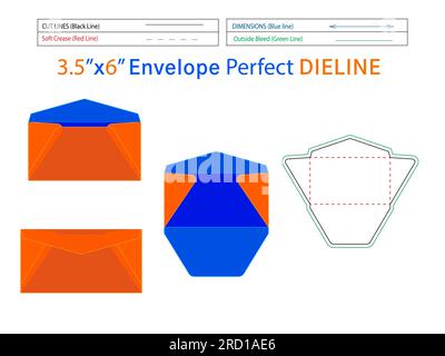 Dieline-Schablone für normale Kuverts im Format 3,5 x 6 Zoll, leicht bearbeitbar und 3D-Kuvert Stock Vektor