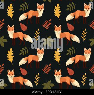 Nahtloses Muster mit süßen Füchsen und Herbstblättern. Handgezeichneter kindlicher Hintergrund mit wilden Tieren im Wald. Endlose Struktur für Kinder für Bekleidung, Stock Vektor