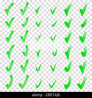 Von Hand gezogene Auswahlmarken Set-Kollektion mit Pinsel. Sammlung von Handwurzelkreuzmarken. Zeichenstift Grün Kritzelskizzen isoliert auf Transparent Stock Vektor