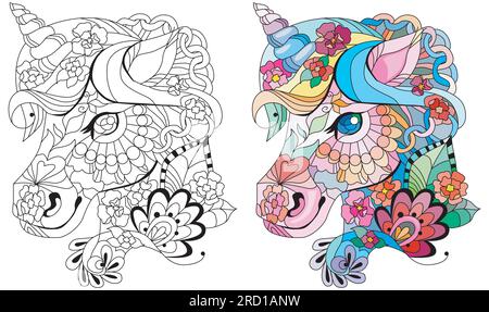 Kopf Einhorn-zentangle-Design zum Ausmalen. Kann für den Druck auf T-Shirts, Tapeten oder Postern verwendet werden. Für die Gestaltung von Malbüchern, Drucken, Postern, Stock Vektor