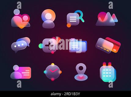 Realistischer Satz von Glasmorphismus-ui-Symbolen für Websites oder mobile Apps. Vektortäuschung über Standort, Chat, Galerie, Kontakt, Kalender, Kreditkarten- und Uhrglasmorphismus Transparente Designelemente. Stock Vektor