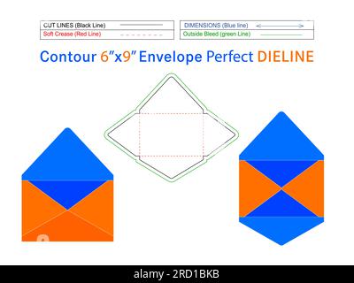 Konturenbogen mit einer Größe von 6 x 9 Zoll und Dieline-Vorlage mit einer Größe von 3D Zoll, die leicht bearbeitet werden kann Stock Vektor