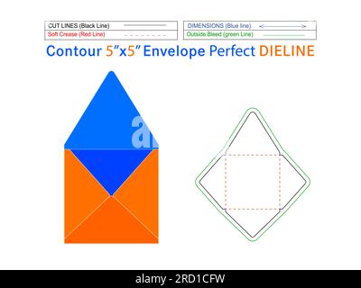 Bearbeitbare, leicht anpassbare Verpackungskontur Umschlag, Dieline-Schablone (5x5 Zoll) und 3D-Umschlag Stock Vektor