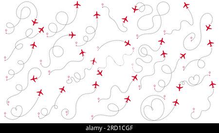 Flugzeuge oder Flugzeuge Flugstrecken Flugbahn festgelegt. Fahrkonzept vom Startpunkt und gepunktete Linienführung. Flugzeugverfolgung, Flugbahn, Reise, Kartennadeln, Orten Stock Vektor