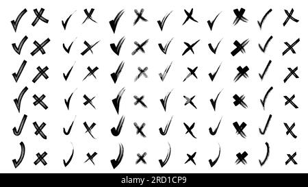 Ja und nein Von Hand gezogene Kritzelspuren und Kreuze Set-Kollektion. Kritzeleien, Zeichenstifte. Vektordarstellung. Mit Bleistifthand gezeichnete Häkchen A Stock Vektor