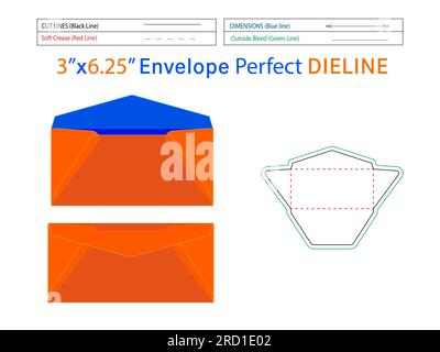 Leicht anpassbare Standardumschläge mit Dieline-Schablone im Format 3x6,25 Zoll und 3D-Umschlag Stock Vektor