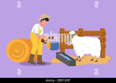 Grafik flaches Design malt männliche Bauern füttern Schafe mit frischem Gras, um gesund zu sein, produzieren beste Milch, Fleisch, Fleece. Tätigkeiten von Tierhaltern. Erfolgreich Stockfoto
