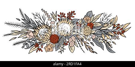 Farbenfrohe tropische protea-Blumen und Blattstrauß Stock Vektor