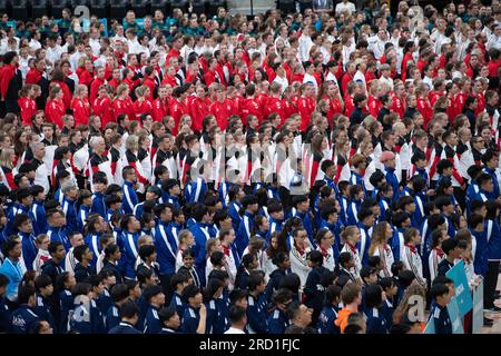 World Jump Rope Championships, Colorado Springs, Colorado, USA. 17. Juli 2023. Bei der Eröffnungszeremonie versammeln sich Athleten aus 27 Ländern. Kredit: Casey B. Gibson/Alamy Live News Stockfoto