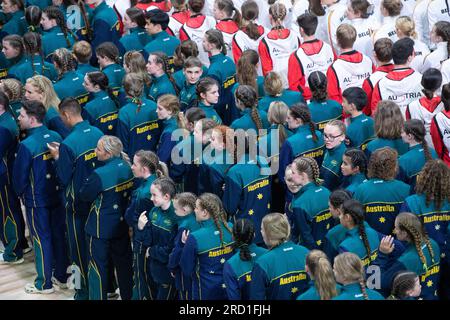 World Jump Rope Championships, Colorado Springs, Colorado, USA. 17. Juli 2023. Eröffnungszeremonie, australische Athleten versammeln sich. Kredit: Casey B. Gibson/Alamy Live News Stockfoto