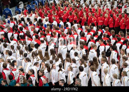 World Jump Rope Championships, Colorado Springs, Colorado, USA. 17. Juli 2023. Eröffnungszeremonie, Sportler aus Belgien, Deutschland und Dänemark versammeln sich für die Zeremonien Credit: Casey B. Gibson/Alamy Live News Stockfoto