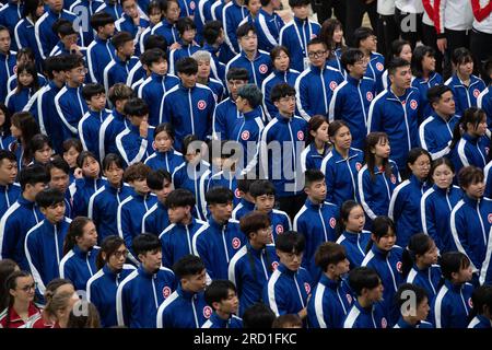 World Jump Rope Championships, Colorado Springs, Colorado, USA. 17. Juli 2023. Bei der Eröffnungszeremonie stellen sich Athleten aus Hongkong auf. Kredit: Casey B. Gibson/Alamy Live News Stockfoto