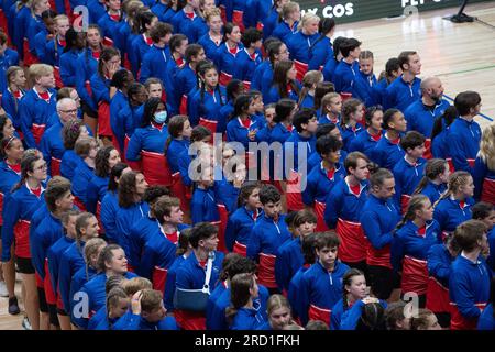 World Jump Rope Championships, Colorado Springs, Colorado, USA. 17. Juli 2023. Bei der Eröffnungszeremonie stellen sich Sportler aus den Vereinigten Staaten auf die Eröffnungszeremonie. Kredit: Casey B. Gibson/Alamy Live News Stockfoto