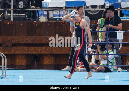 Fukuoka, Japan. 18. Juli 2023. FUKUOKA, JAPAN - JULI 18: Sharon van Rouwendaal aus den Niederlanden tritt am 5. Tag der Fukuoka 2023 World Aquatics Championships im Seaside Momochi Beach Park am 18. Juli 2023 in Fukuoka, Japan, an der Open Water Women's 5km an (Foto von Nikola Krstic/BSR Agency). Kredit: BSR Agency/Alamy Live News Stockfoto