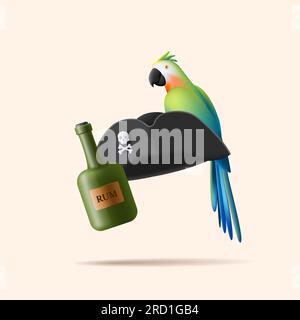 Piraten-3D-Komposition mit Kapotan-Dreieckshut mit Schädel- und Knochensymbol, Papagei und Flasche Rum, digitale Illustration Stock Vektor