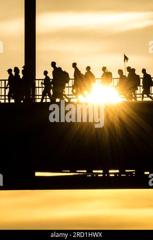 NIJMEGEN - Läufer gehen am ersten Tag der Nijmegen Four Days Marches über die Waal Bridge. ANP ROB ENGELAAR niederlande raus - belgien raus Stockfoto