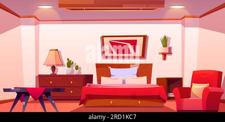 Innenausstattung des Hotelzimmers. Vektorzeichentrick mit rotem Sessel, Holztisch, Schublade, großem Bett mit Decke und Kissen, Kaktus im Blumentopf auf dem Regal, abstraktes Bild an der Wand Stock Vektor