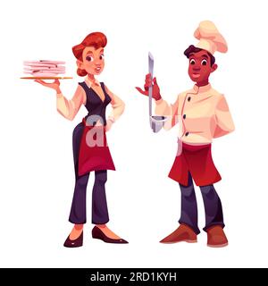 Cartoon-Kellnerin und männliche Koch-Figuren isoliert auf weißem Hintergrund. Vektordarstellung einer Dienerin mit schmutzigem Geschirr auf dem Tablett, Koch in Uniform mit Schöpfkelle in der Hand. Restaurantpersonal Stock Vektor