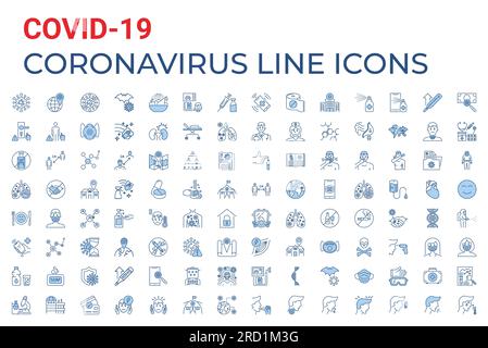 Coronavirus COVID-19 Pandemie respiratorische Pneumonie Krankheit verwandte Vektorsymbole gesetzt. Einschließlich Symbole Symptome, Übertragung, Prävention, Behandlung, vi Stock Vektor