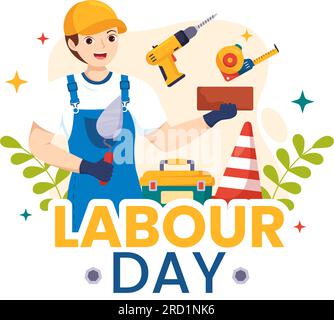 Happy Labor Day Vector Illustration mit verschiedenen Bauwerkzeugen für Arbeiter Gebäude in Flat Cartoon handgezeichneten Hintergrundvorlagen Stock Vektor