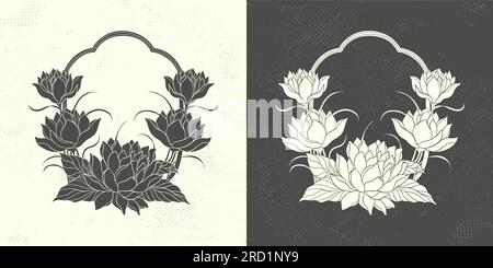 Blumige Lotusblüte im Jugendstil 1920-1930. Handgezeichneter Lotus in linearer Form mit Streifen, Blättern und Lotusblüten. Stock Vektor