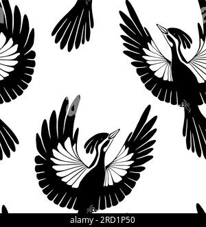 Nahtloses Vektormuster von Speckersilhouetten. Textur mit schwarzem, stilisiertem Vogel auf weißem Hintergrund. Oberflächenkonstruktion. Ornithologie-Hintergrund Stock Vektor