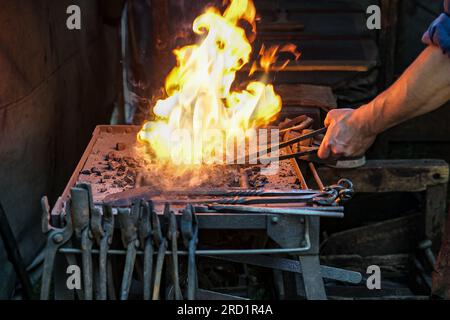 Schmied hält ein Werkstück im brennenden Kohlefeuer auf der Schmiede, um das Eisen leuchten zu lassen, Kopierraum, ausgewählten Fokus, schmale Schärfentiefe Stockfoto